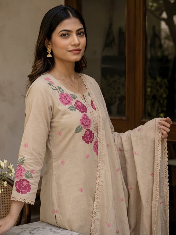 Cream Printed Cotton Blend Kurta With Pant &amp; Dupatta