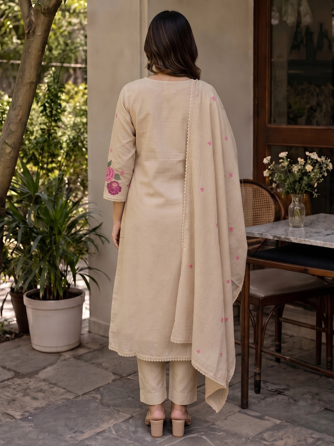 Cream Printed Cotton Blend Kurta With Pant &amp; Dupatta