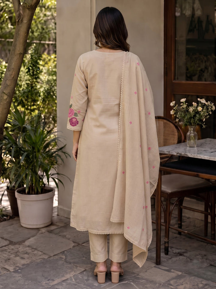 Cream Printed Cotton Blend Kurta With Pant &amp; Dupatta