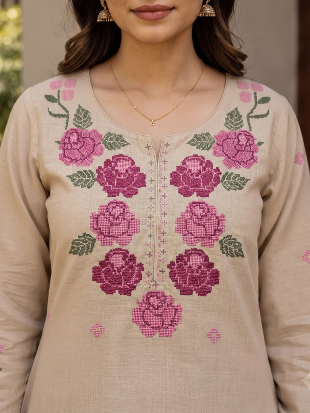 Cream Printed Cotton Blend Kurta With Pant &amp; Dupatta