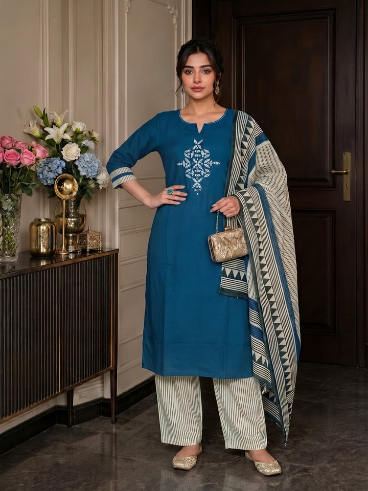 Blue Printed Cotton Blend Kurta With Pant &amp; Dupatta