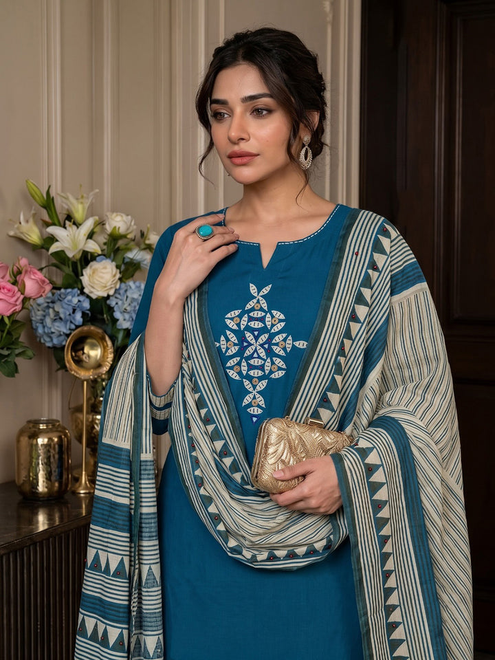 Blue Printed Cotton Blend Kurta With Pant &amp; Dupatta