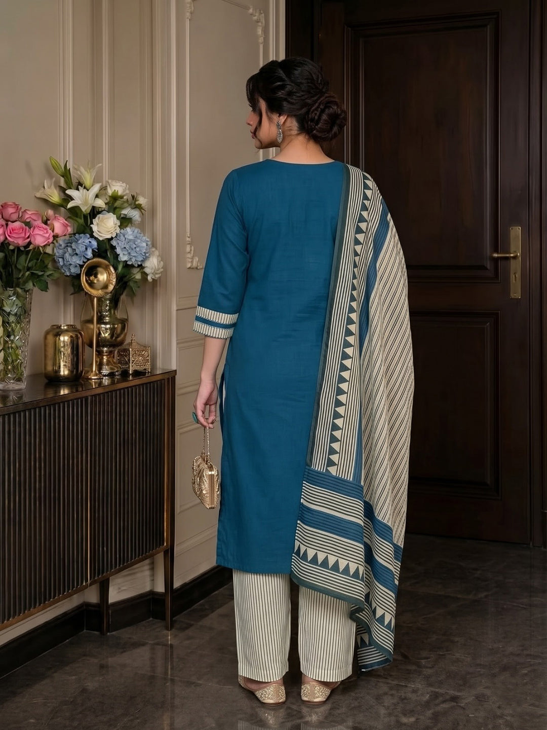 Blue Printed Cotton Blend Kurta With Pant &amp; Dupatta