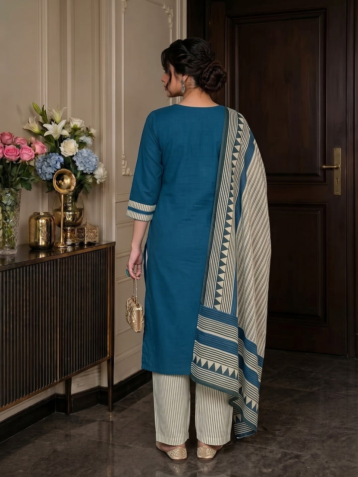 Blue Printed Cotton Blend Kurta With Pant &amp; Dupatta