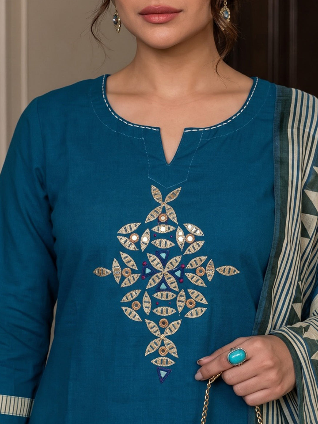 Blue Printed Cotton Blend Kurta With Pant &amp; Dupatta