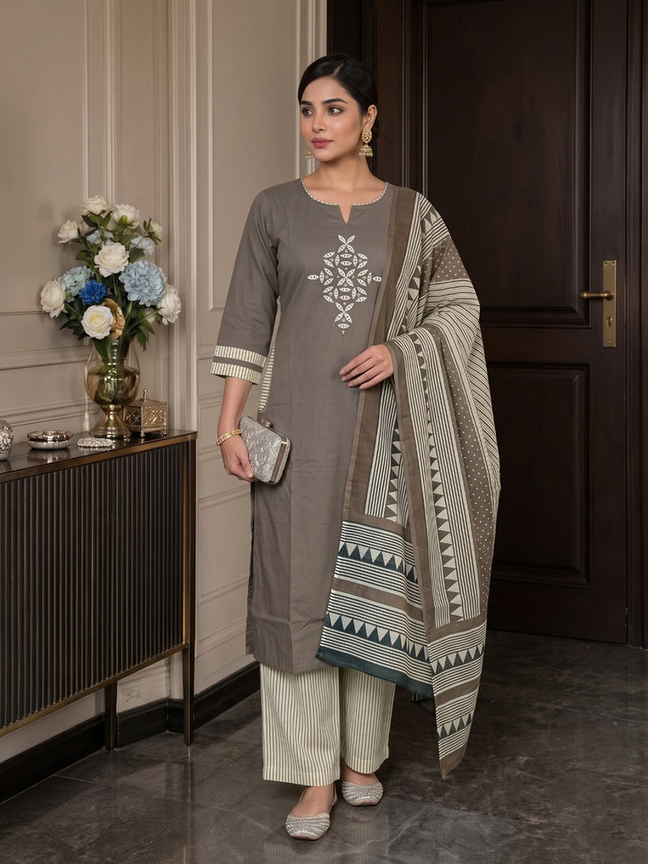 Brown Printed Cotton Blend Kurta With Pant &amp; Dupatta