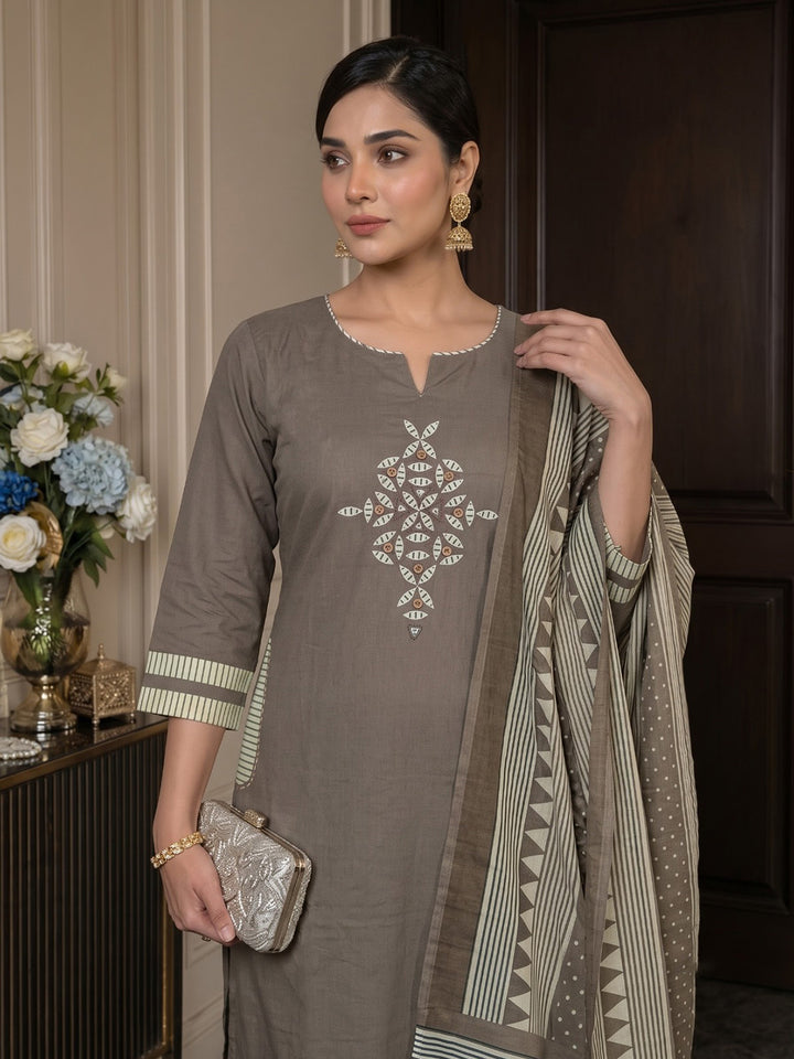 Brown Printed Cotton Blend Kurta With Pant &amp; Dupatta