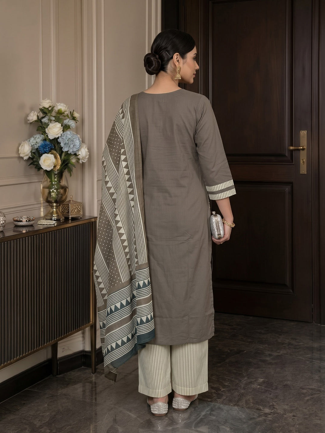 Brown Printed Cotton Blend Kurta With Pant &amp; Dupatta