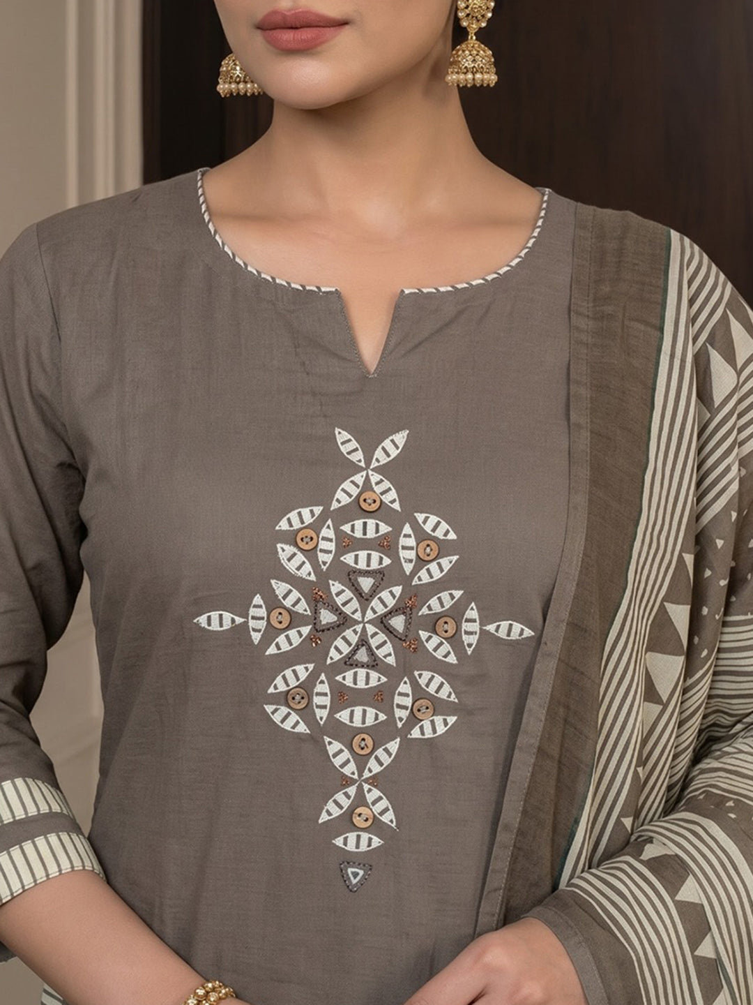 Brown Printed Cotton Blend Kurta With Pant &amp; Dupatta