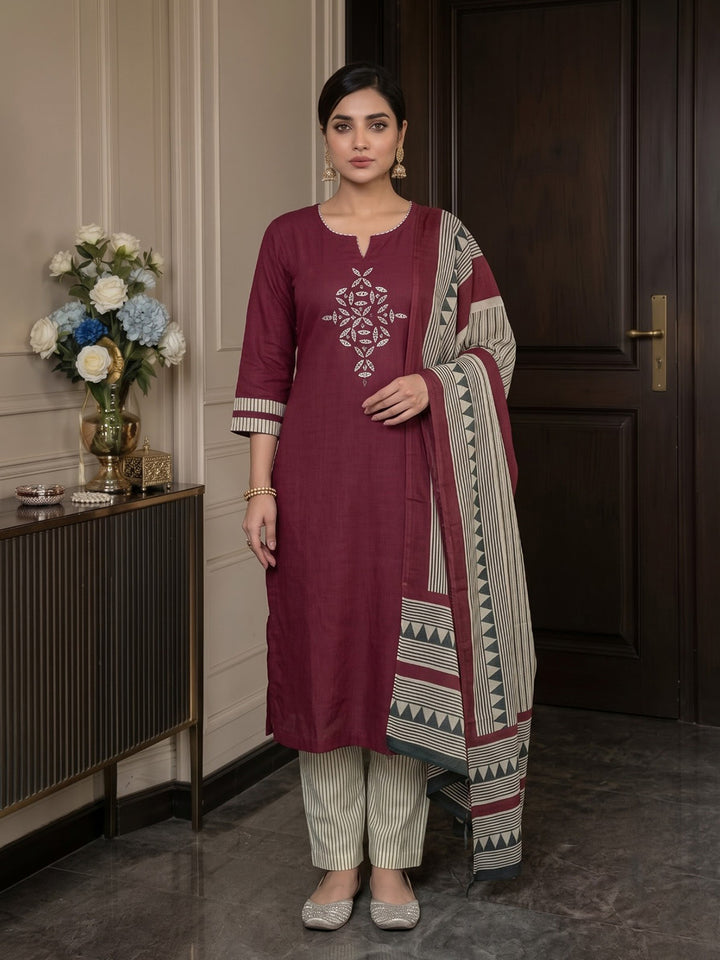 Red Printed Cotton Blend Kurta With Pant &amp; Dupatta