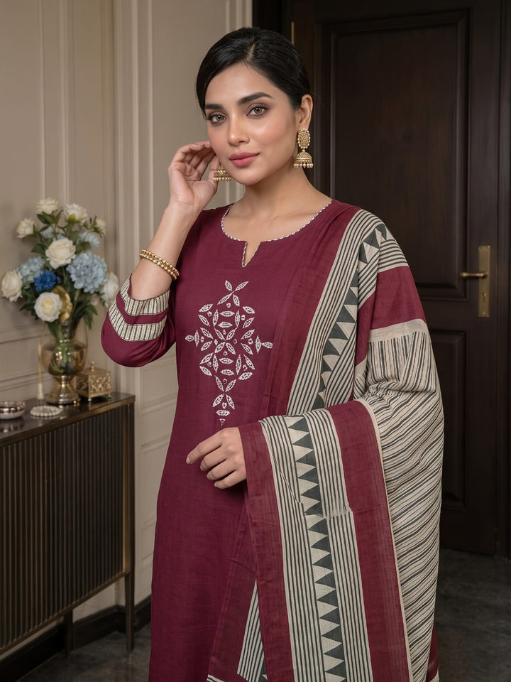 Red Printed Cotton Blend Kurta With Pant &amp; Dupatta