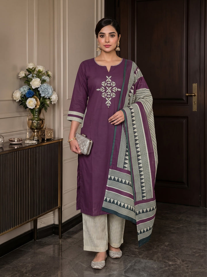 Wine Printed Cotton Blend Kurta With Pant &amp; Dupatta