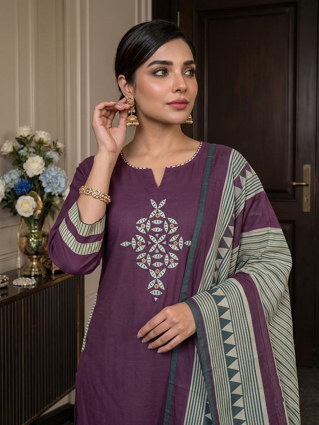 Wine Printed Cotton Blend Kurta With Pant &amp; Dupatta