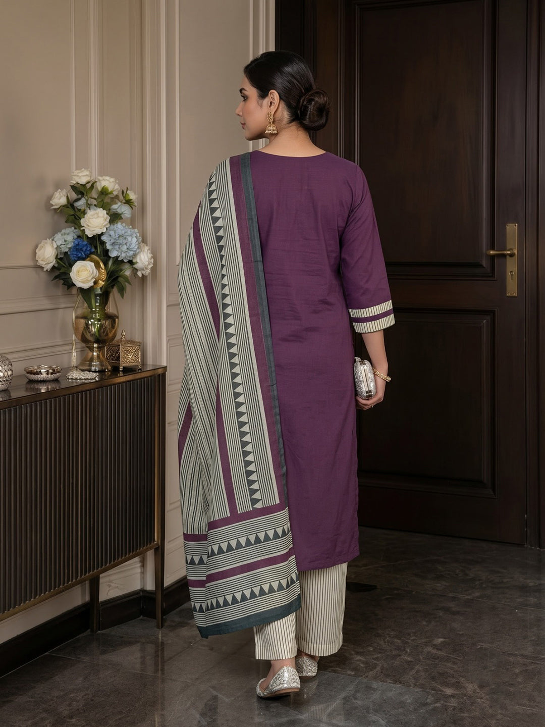 Wine Printed Cotton Blend Kurta With Pant &amp; Dupatta