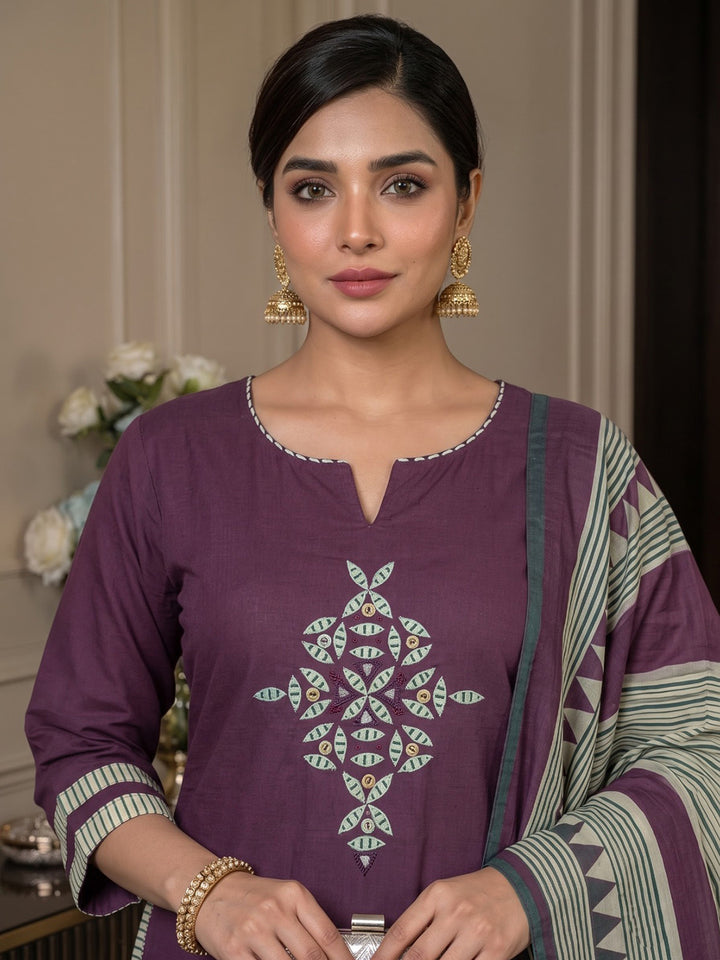 Wine Printed Cotton Blend Kurta With Pant &amp; Dupatta