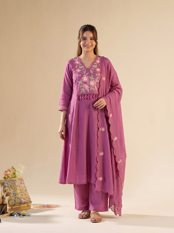 Hot Pink Printed Chanderi Kurta With Pant &amp; Dupatta