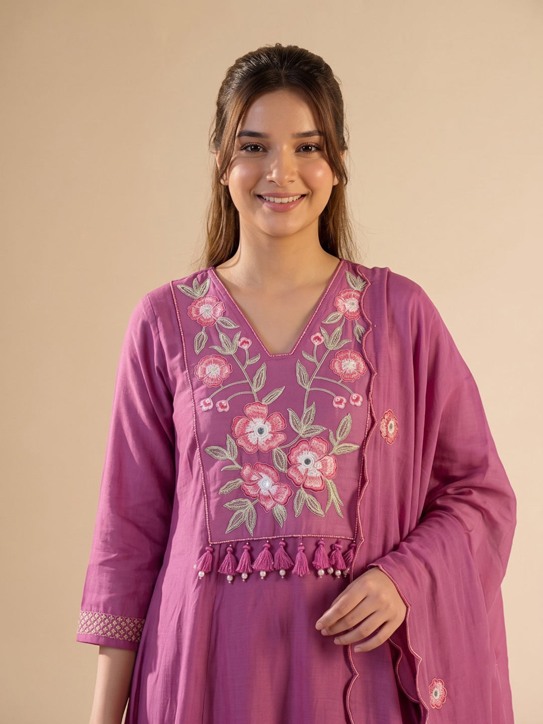 Hot Pink Printed Chanderi Kurta With Pant &amp; Dupatta
