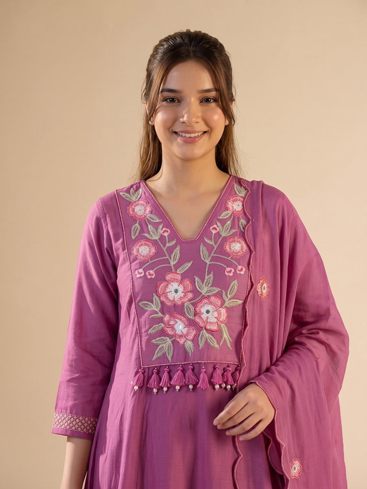 Hot Pink Printed Chanderi Kurta With Pant &amp; Dupatta