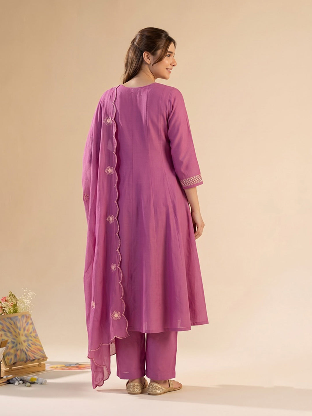 Hot Pink Printed Chanderi Kurta With Pant &amp; Dupatta