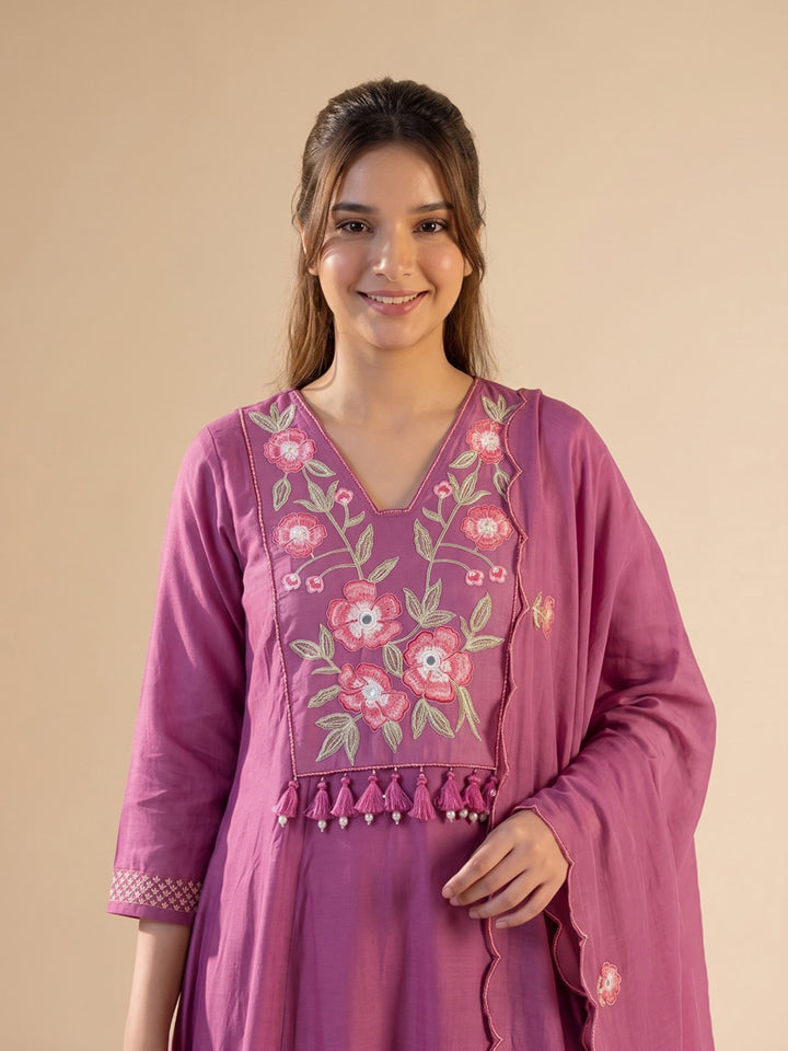 Hot Pink Printed Chanderi Kurta With Pant &amp; Dupatta