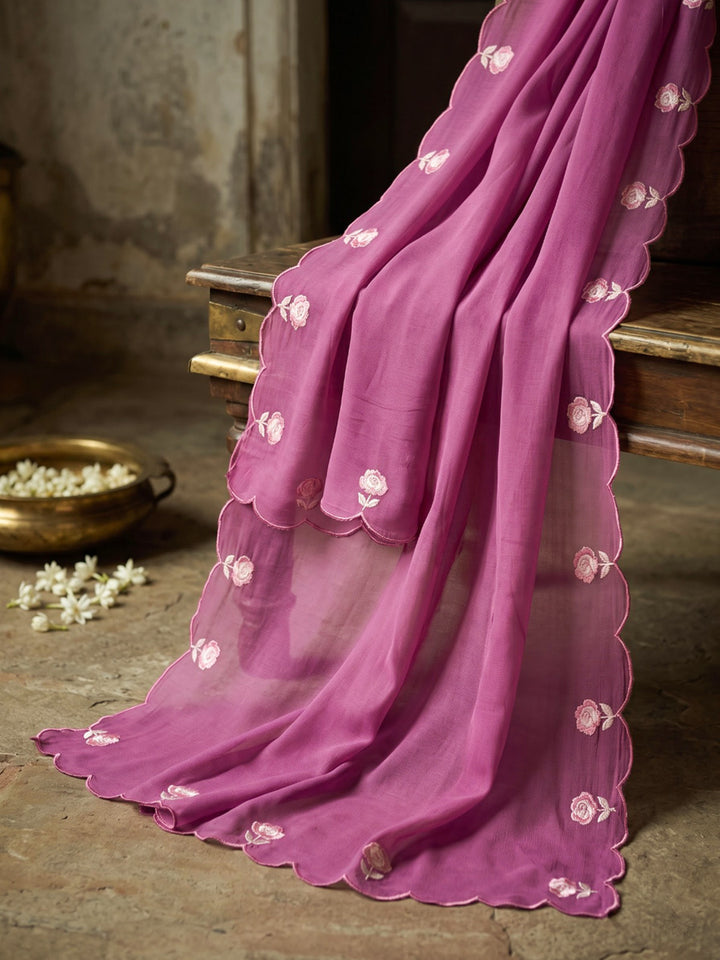 Hot Pink Printed Chanderi Kurta With Pant &amp; Dupatta