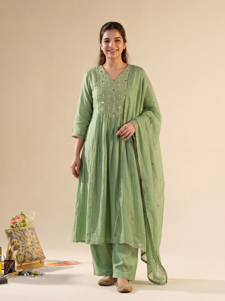 Green Printed Chanderi Kurta With Pant &amp; Dupatta