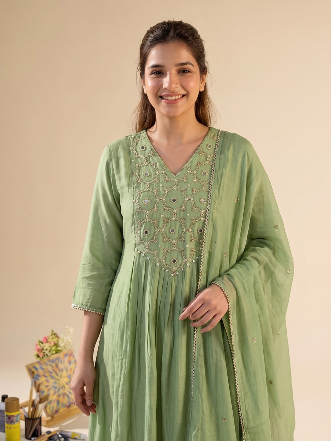 Green Printed Chanderi Kurta With Pant &amp; Dupatta