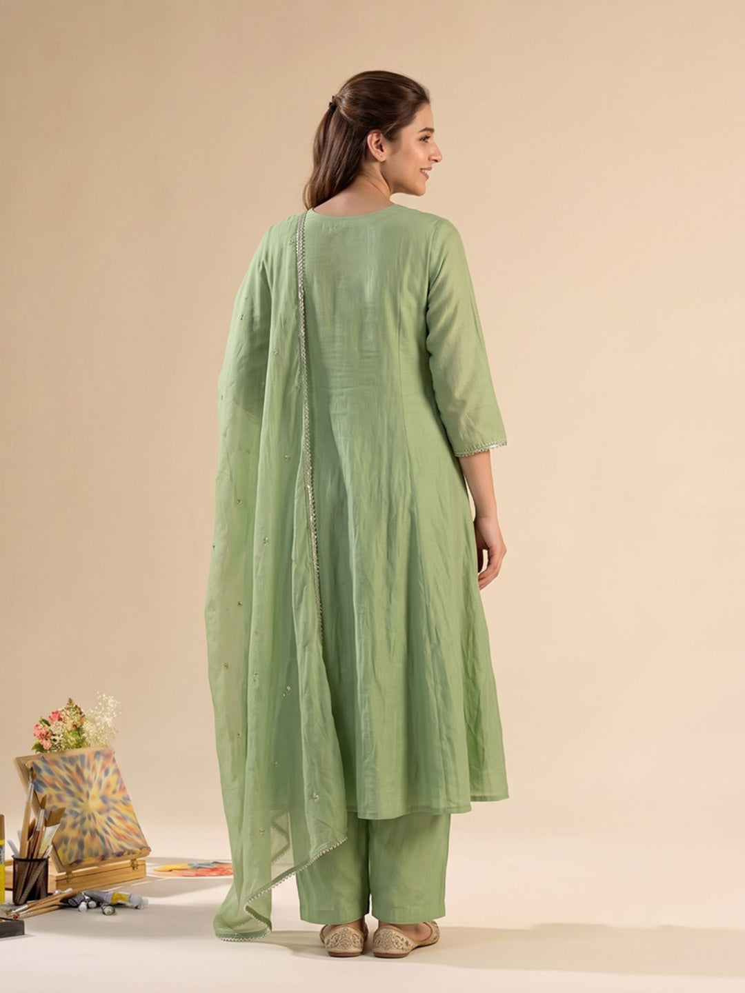 Green Printed Chanderi Kurta With Pant &amp; Dupatta