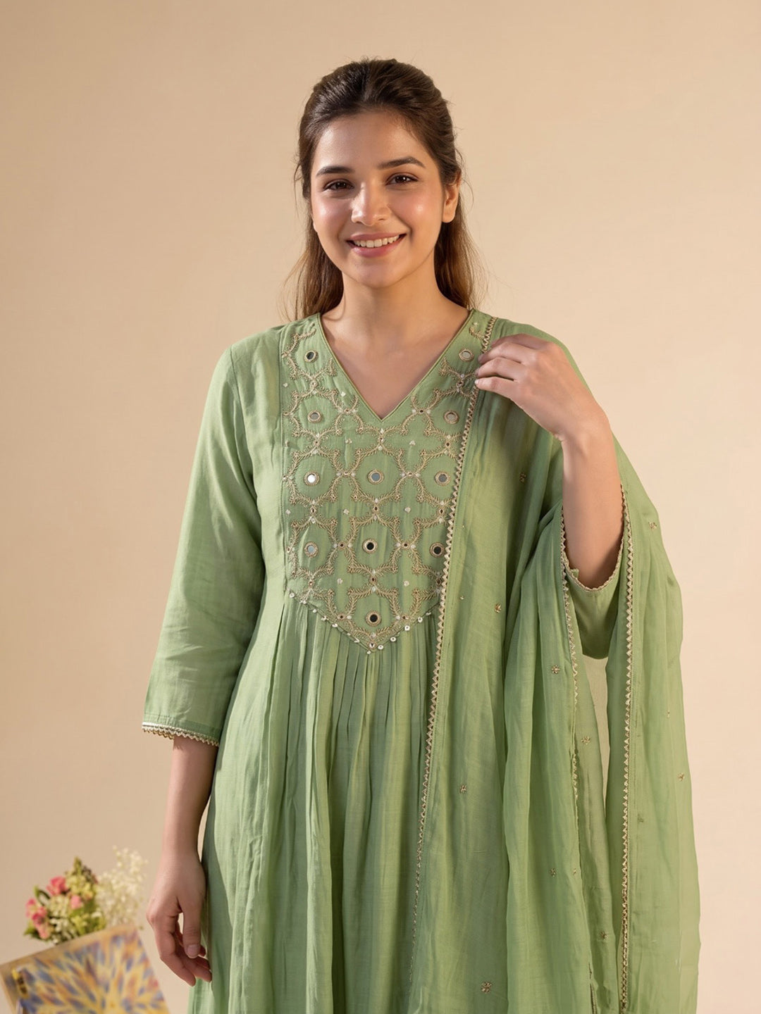 Green Printed Chanderi Kurta With Pant &amp; Dupatta