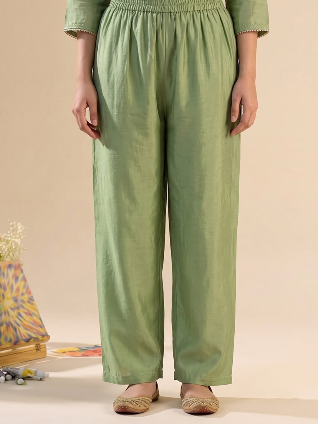 Green Printed Chanderi Kurta With Pant &amp; Dupatta