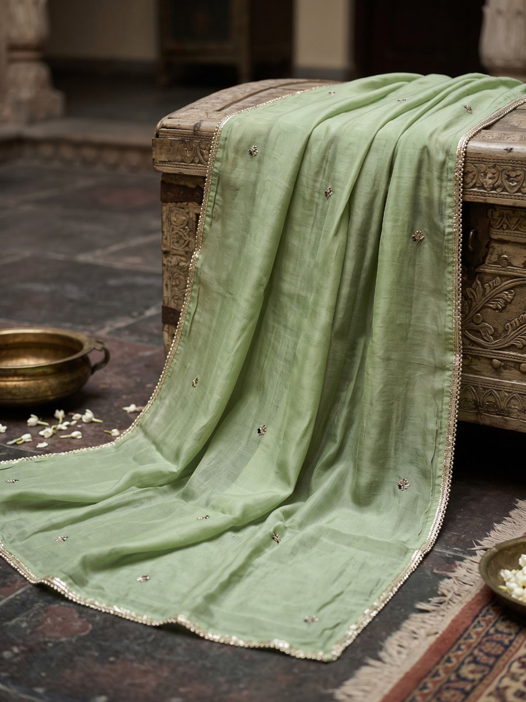 Green Printed Chanderi Kurta With Pant &amp; Dupatta