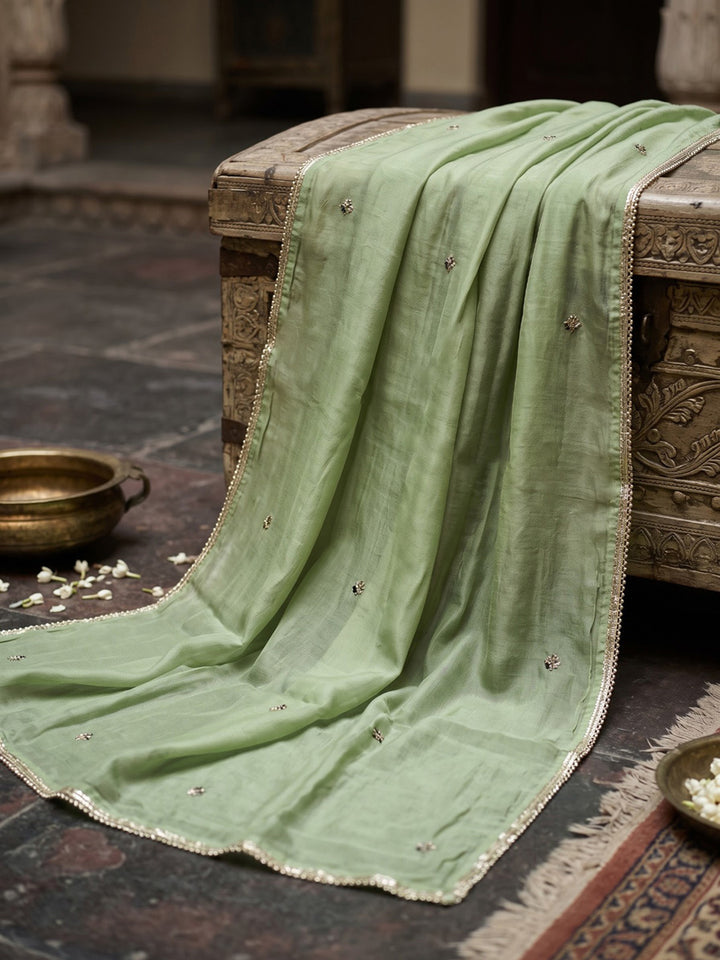 Green Printed Chanderi Kurta With Pant &amp; Dupatta
