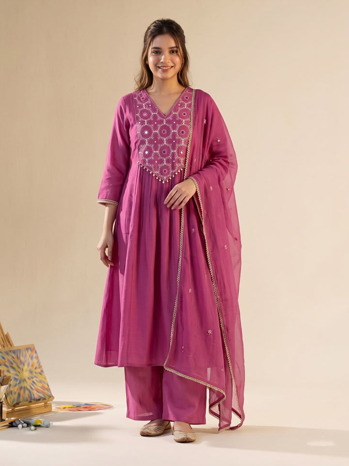 Hot Pink Printed Chanderi Kurta With Pant &amp; Dupatta