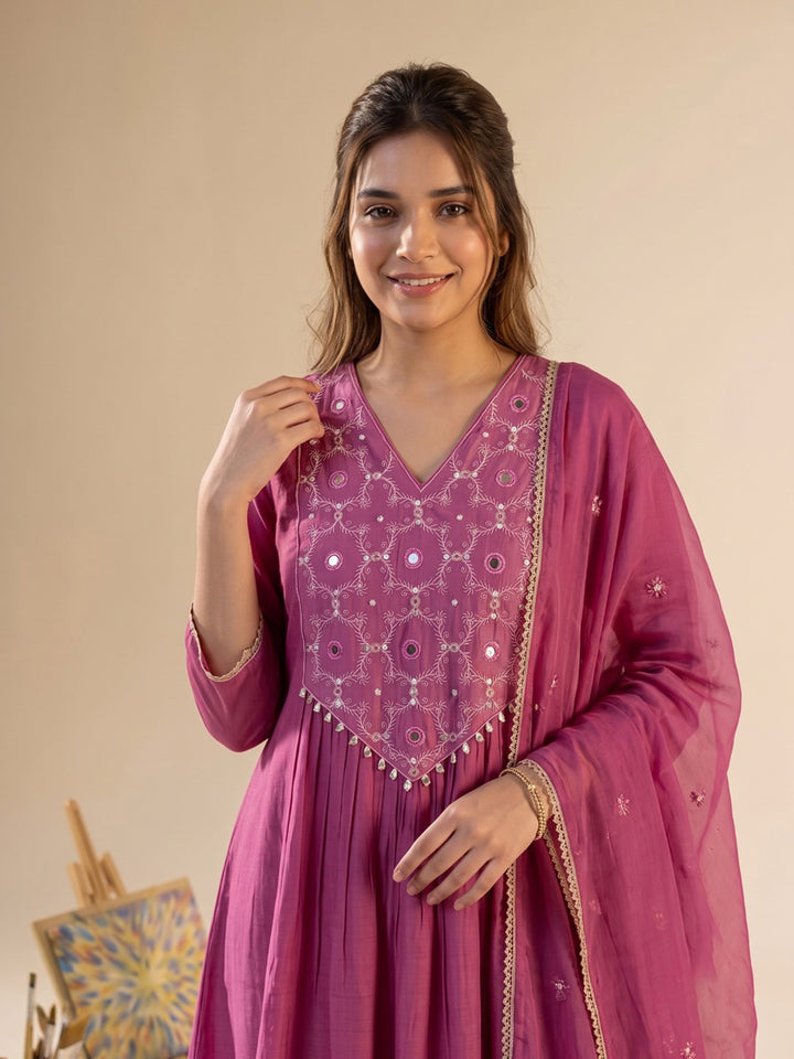 Hot Pink Printed Chanderi Kurta With Pant &amp; Dupatta