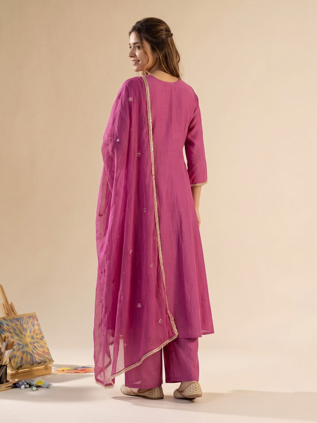 Hot Pink Printed Chanderi Kurta With Pant &amp; Dupatta