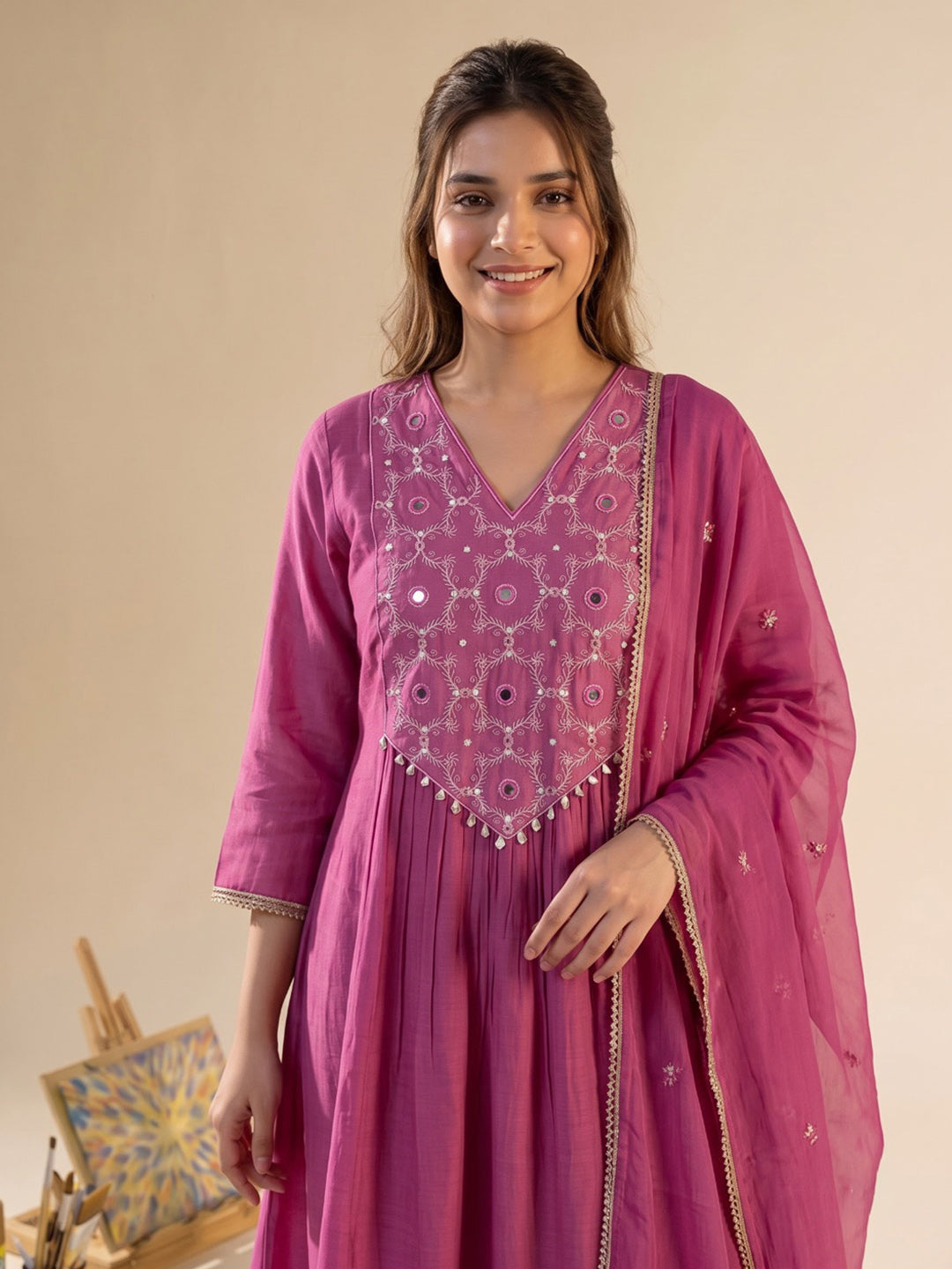 Hot Pink Printed Chanderi Kurta With Pant &amp; Dupatta