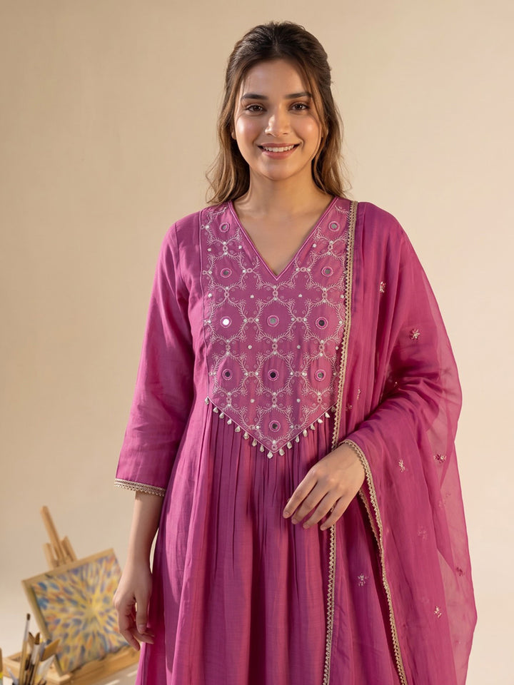 Hot Pink Printed Chanderi Kurta With Pant &amp; Dupatta