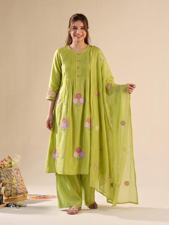 Lemon Printed Chanderi Kurta With Pant &amp; Dupatta