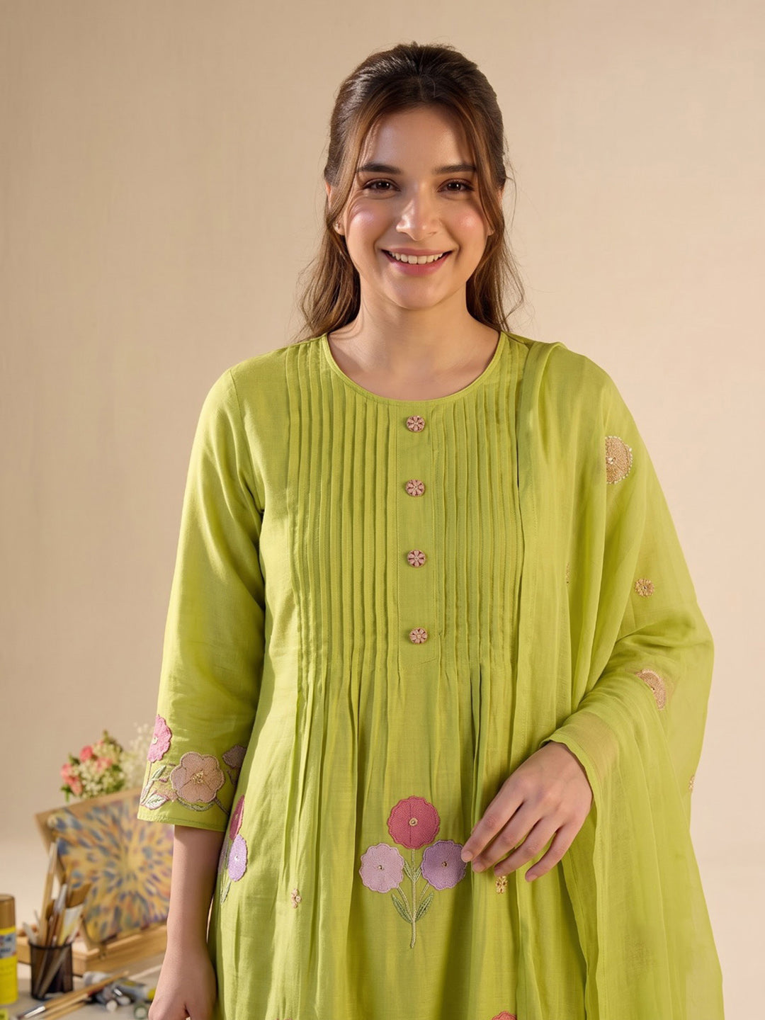 Lemon Printed Chanderi Kurta With Pant &amp; Dupatta