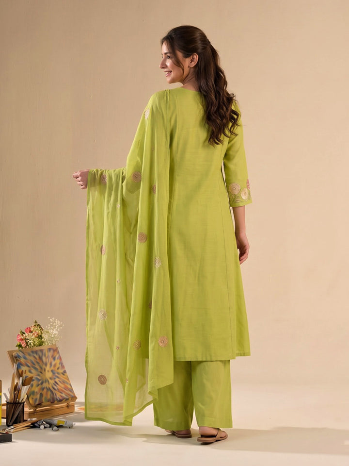 Lemon Printed Chanderi Kurta With Pant &amp; Dupatta