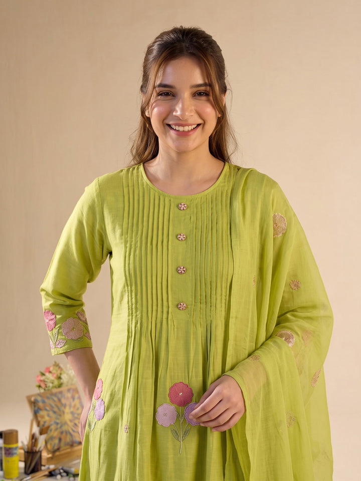 Lemon Printed Chanderi Kurta With Pant &amp; Dupatta