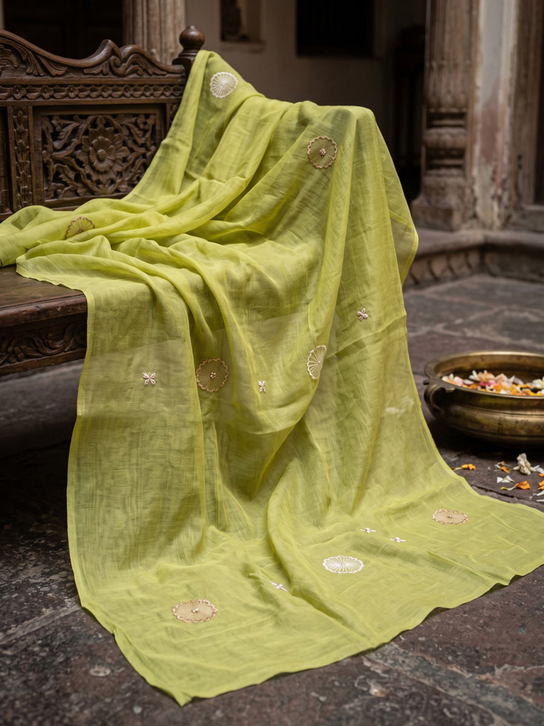Lemon Printed Chanderi Kurta With Pant &amp; Dupatta