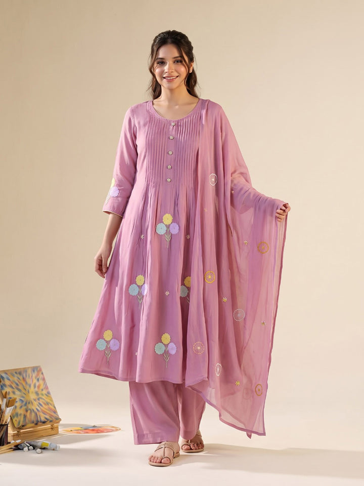 Pink Printed Chanderi Kurta With Pant &amp; Dupatta