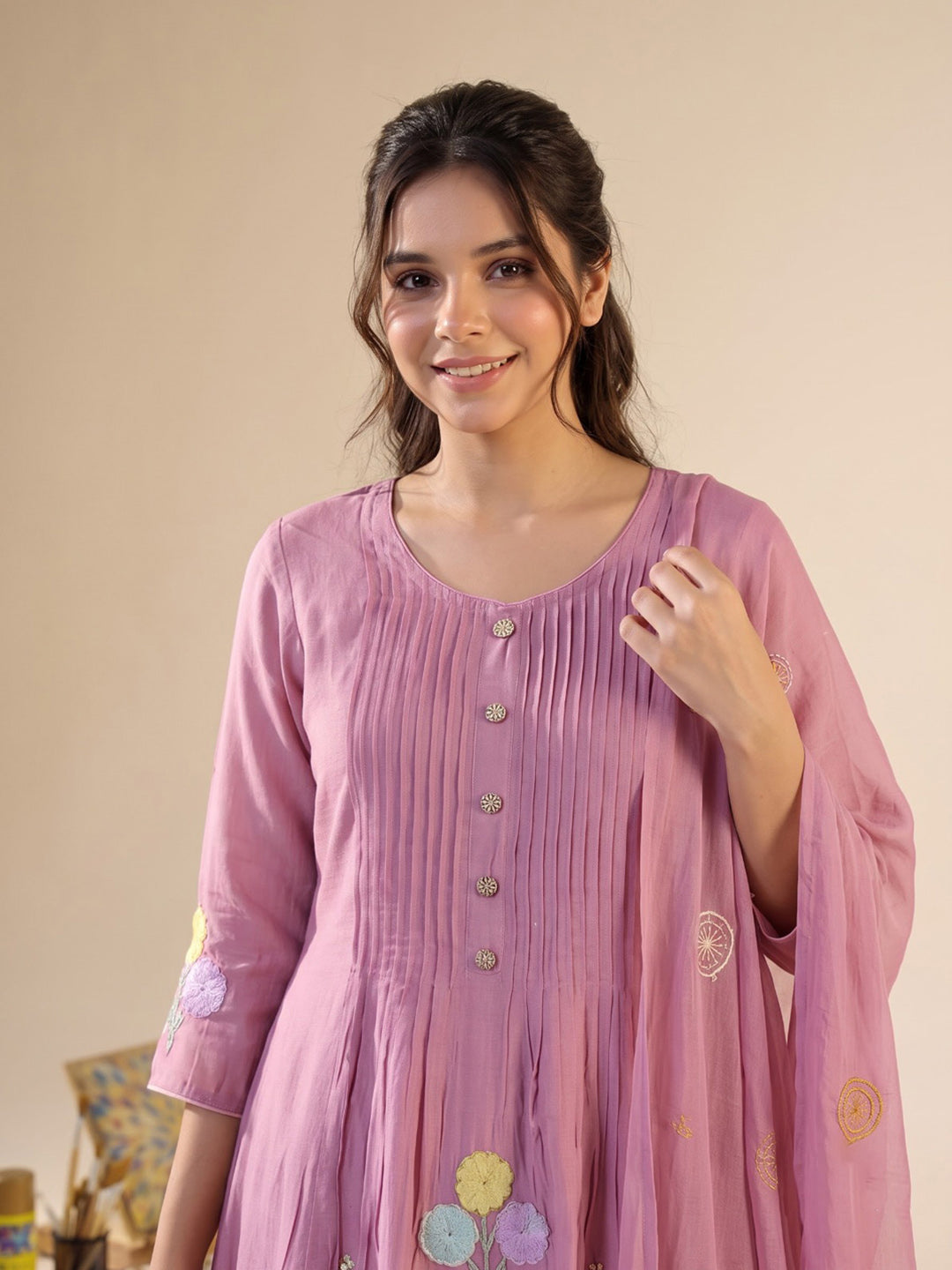 Pink Printed Chanderi Kurta With Pant &amp; Dupatta