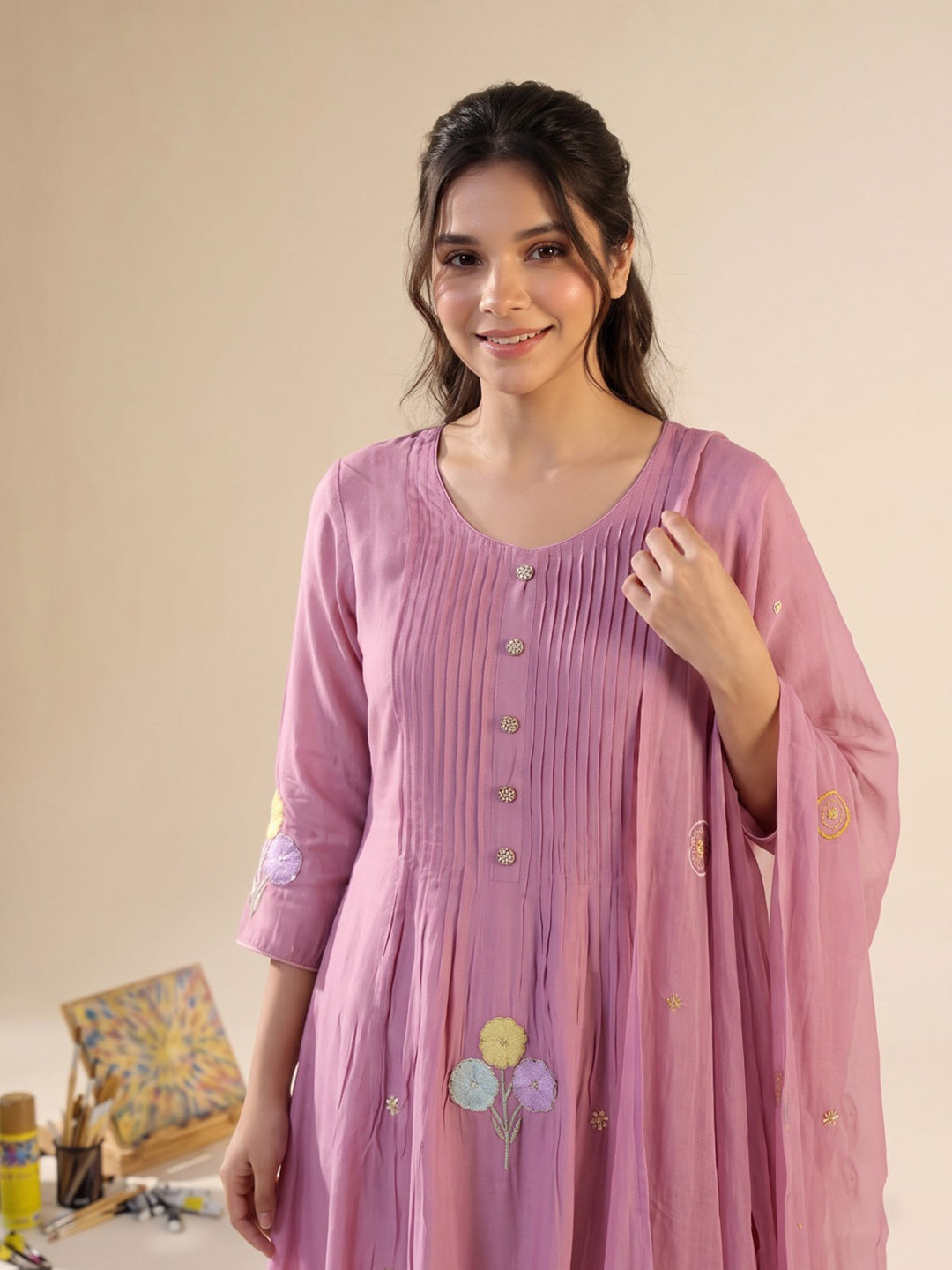 Pink Printed Chanderi Kurta With Pant &amp; Dupatta