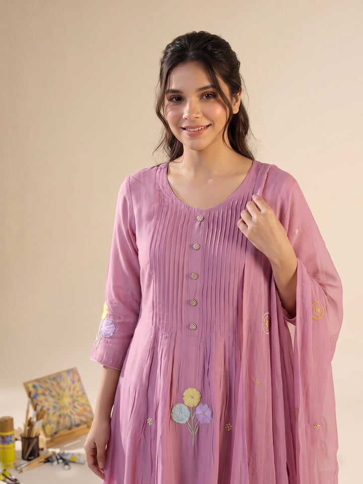 Pink Printed Chanderi Kurta With Pant &amp; Dupatta