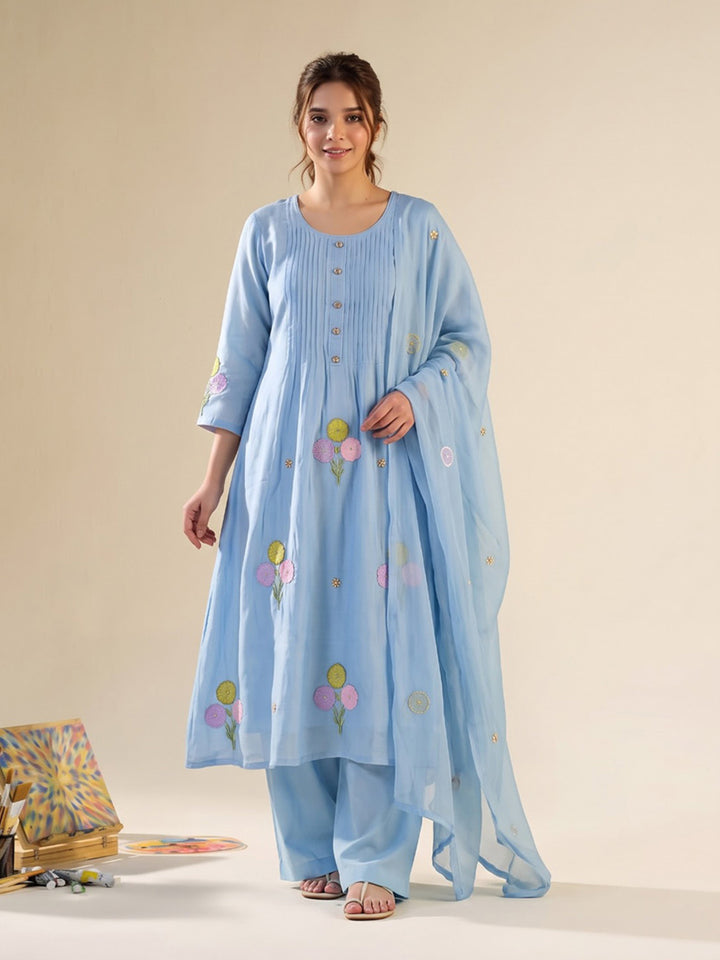 Sky Blue Printed Chanderi Kurta With Pant &amp; Dupatta