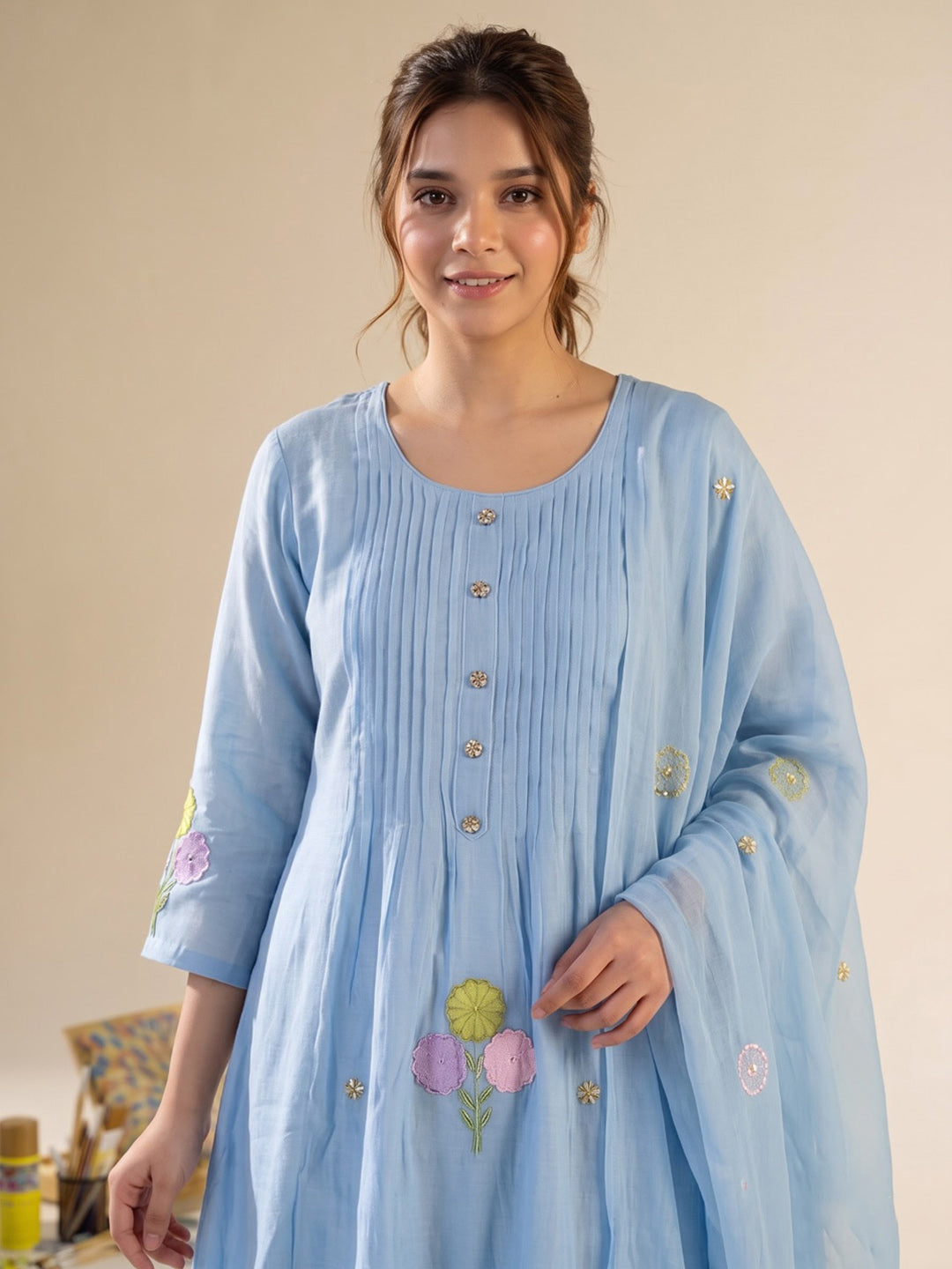 Sky Blue Printed Chanderi Kurta With Pant &amp; Dupatta