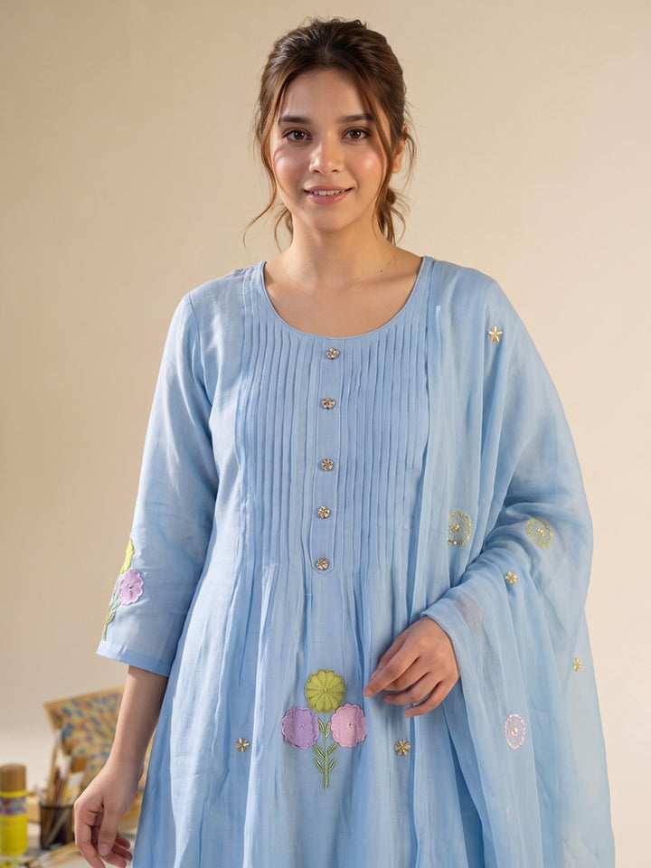 Sky Blue Printed Chanderi Kurta With Pant &amp; Dupatta
