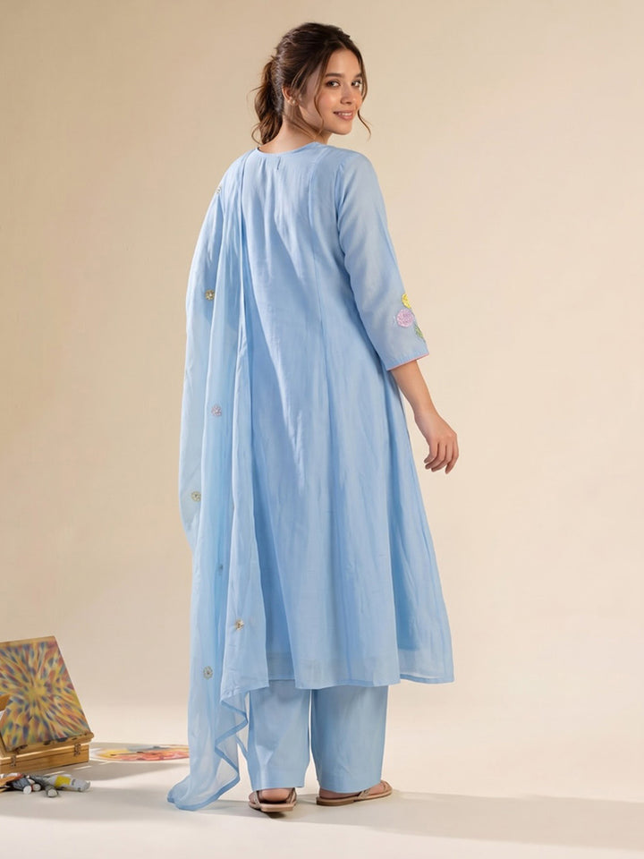 Sky Blue Printed Chanderi Kurta With Pant &amp; Dupatta